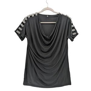 Ethyl Draped Front Top XS Black Rhinestones Cutout‎ Sleeve Clubwear Concert Top